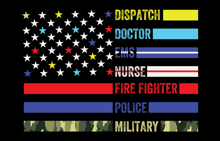 first responder flag. dispatch, doctor,EMS, nurse, fire fighter, police, military